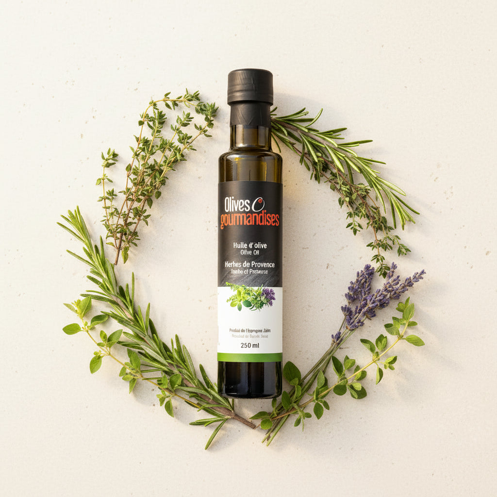 Huile d'olive aux herbes de Provence - Olives et gourmandises