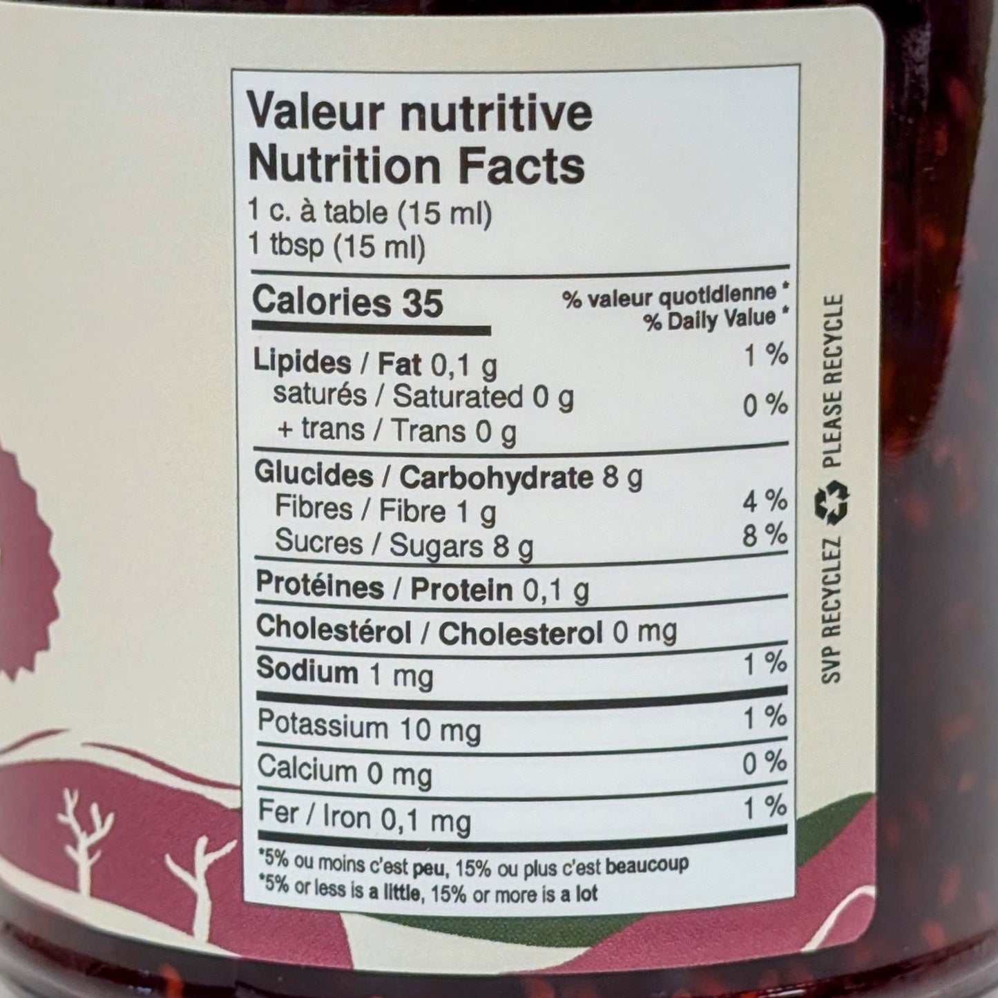 Valeur nutritive - Confiture de framboises Les Délices de Île d'Orléans