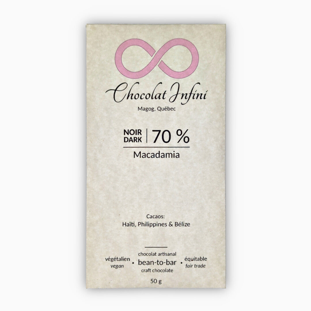 Chocolat noir 70 % - Macadamia - Chocolat Infini
