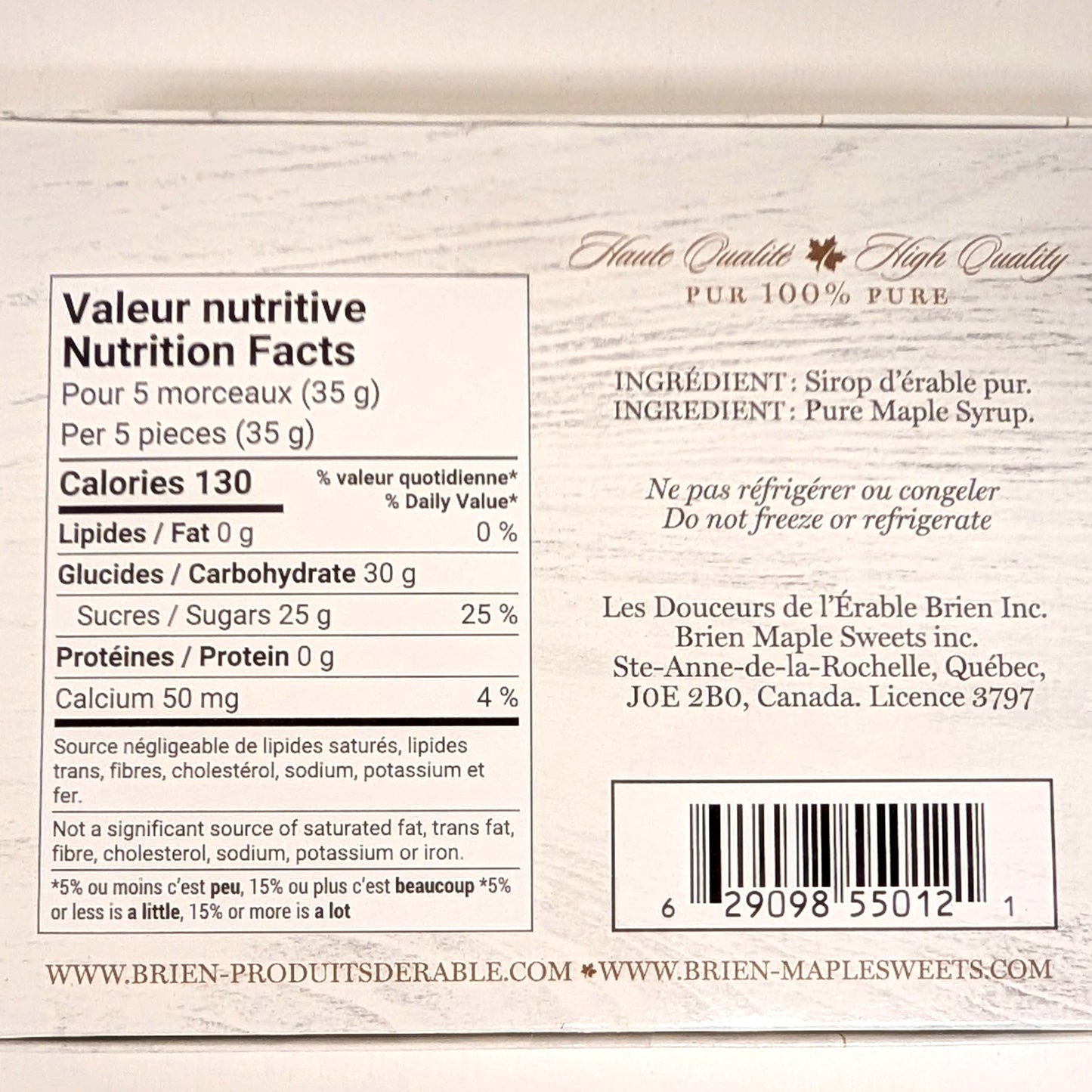 Fondants d'érable - Valeur nutritive | Les Douceurs de l'érable Brien