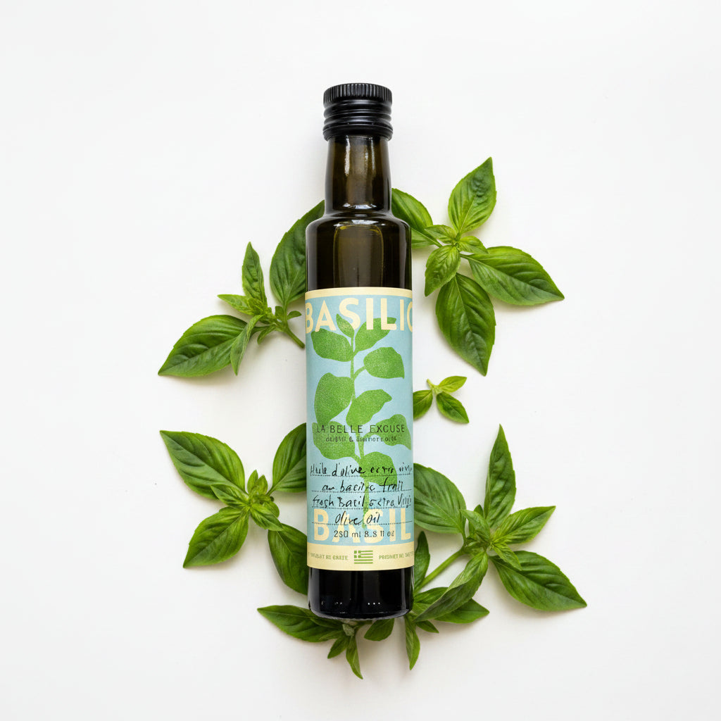Huile d'olive extra vierge au basilic frais - La Belle Excuse