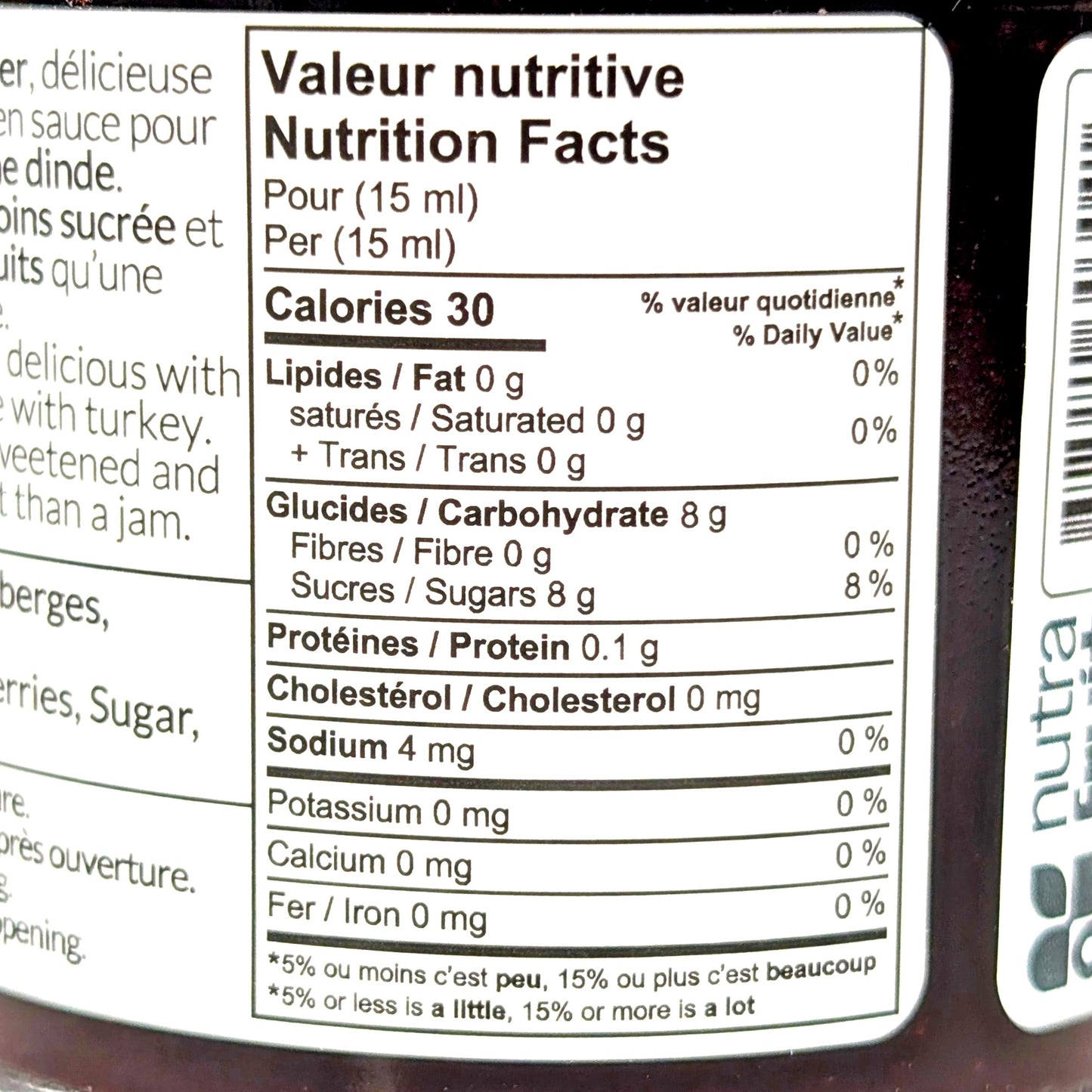 Tartinade Pure Canneberge Nutra-Fruit - Valeur nutritive