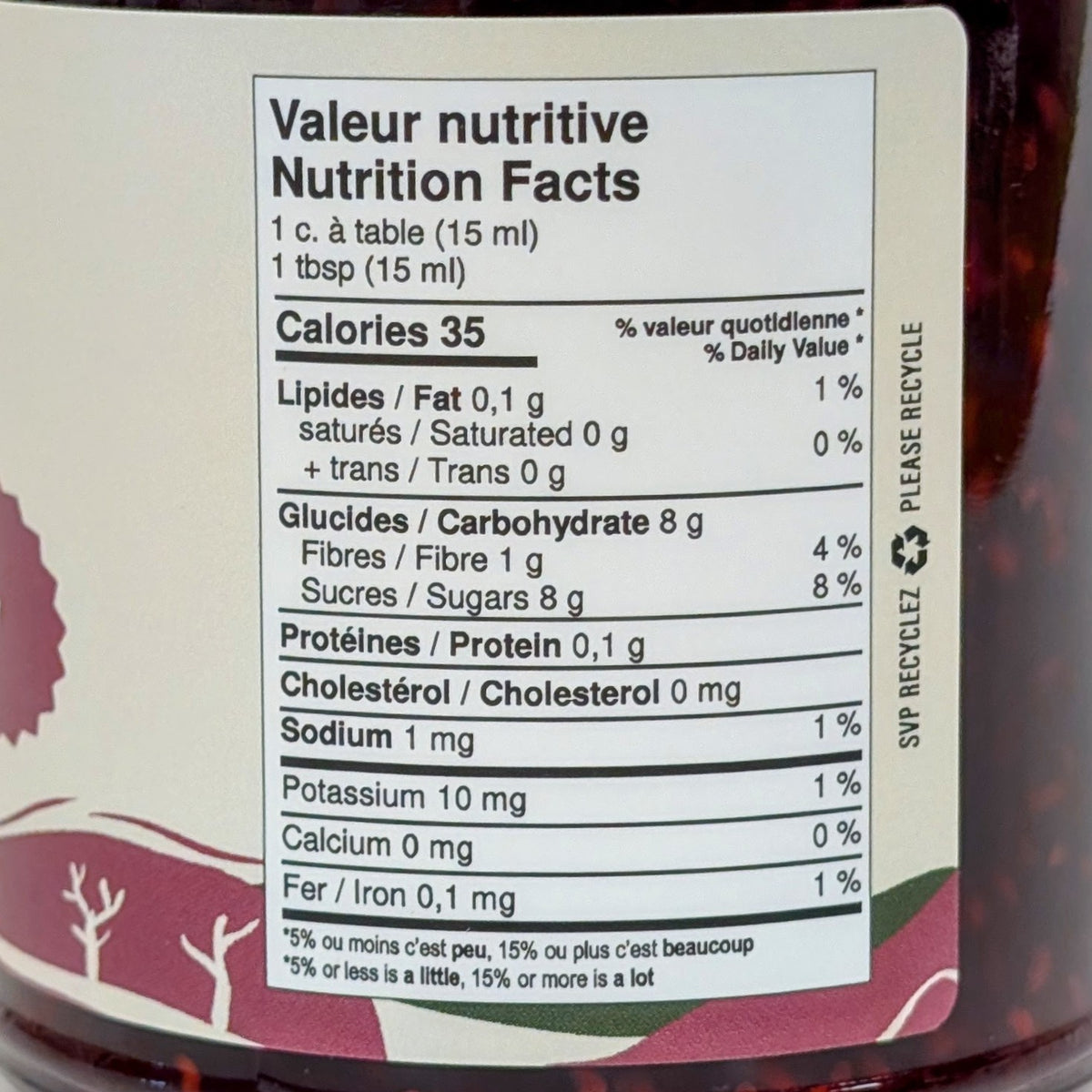 Valeur nutritive - Confiture de framboises Les Délices de Île d'Orléans